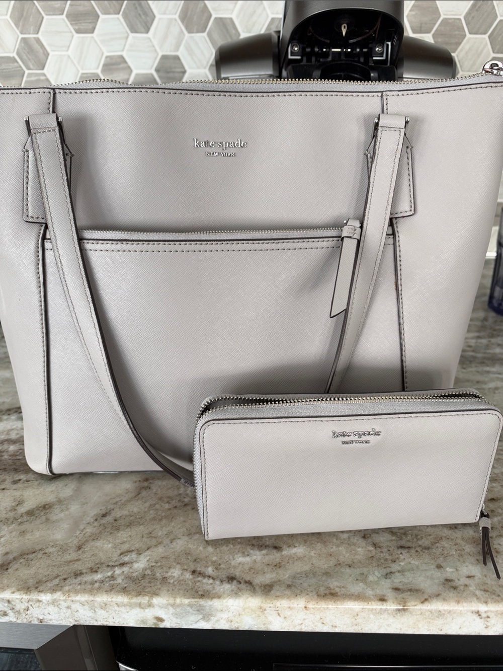kate spade Light Gray Saffiano Tote with Matching Zip Wallet